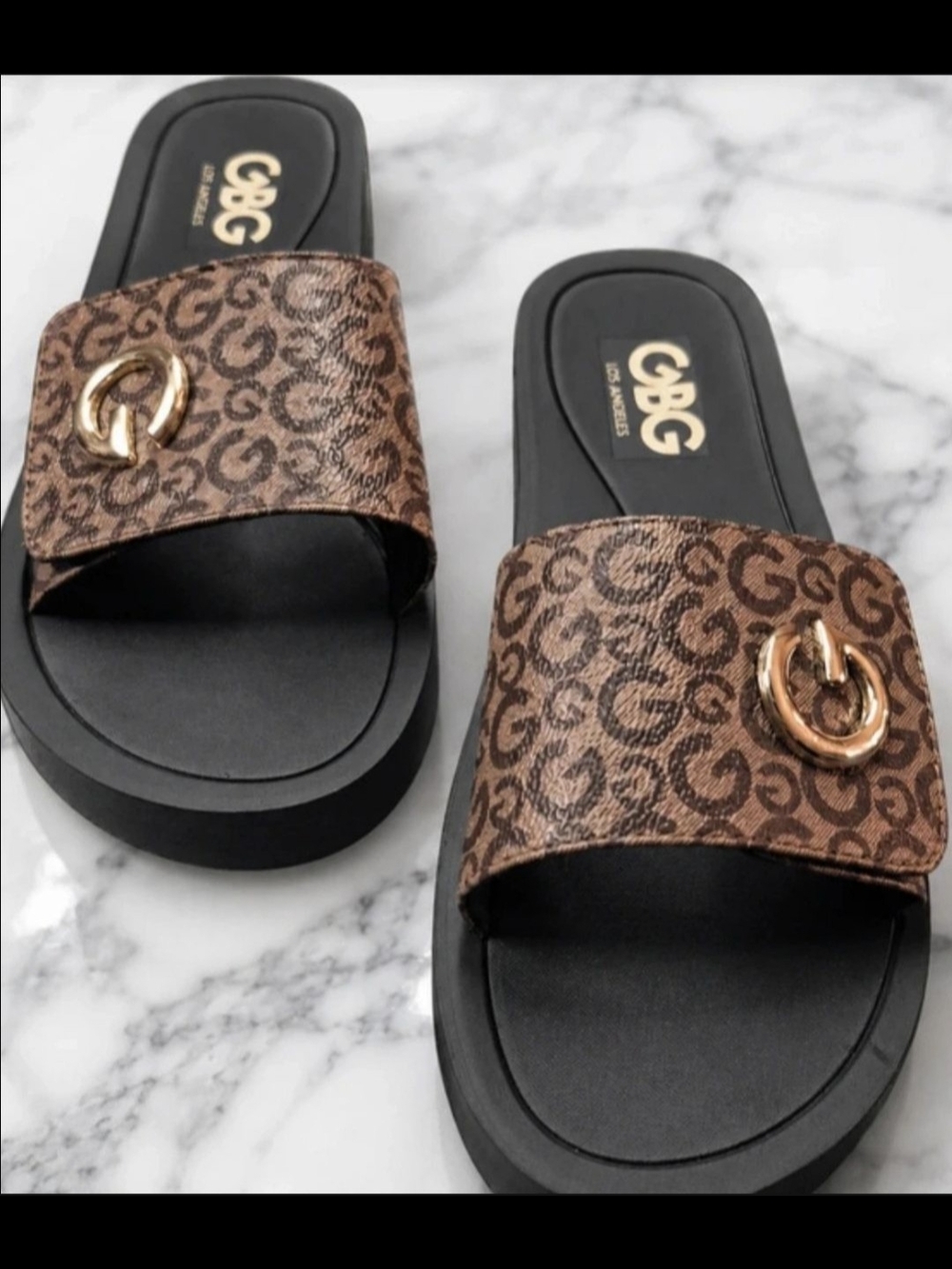 GBG Los Angeles Brown Monogram Slide Sandals with Gold Ring